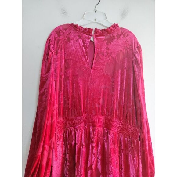 Eloquii Pink Magent Burnout Floral Velvet Ruffle Neck A-Line Smocked Dress sz 20 - Picture 8 of 13